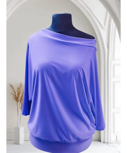 Fioletowa bluzka z rękawem 3/4 kimono - lejący drapowany dekolt